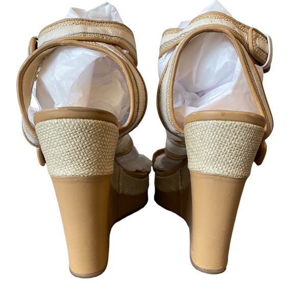 COACH tan and cream woven straw wedge platforms with ankle strap - maralee style - Picture 6 of 11